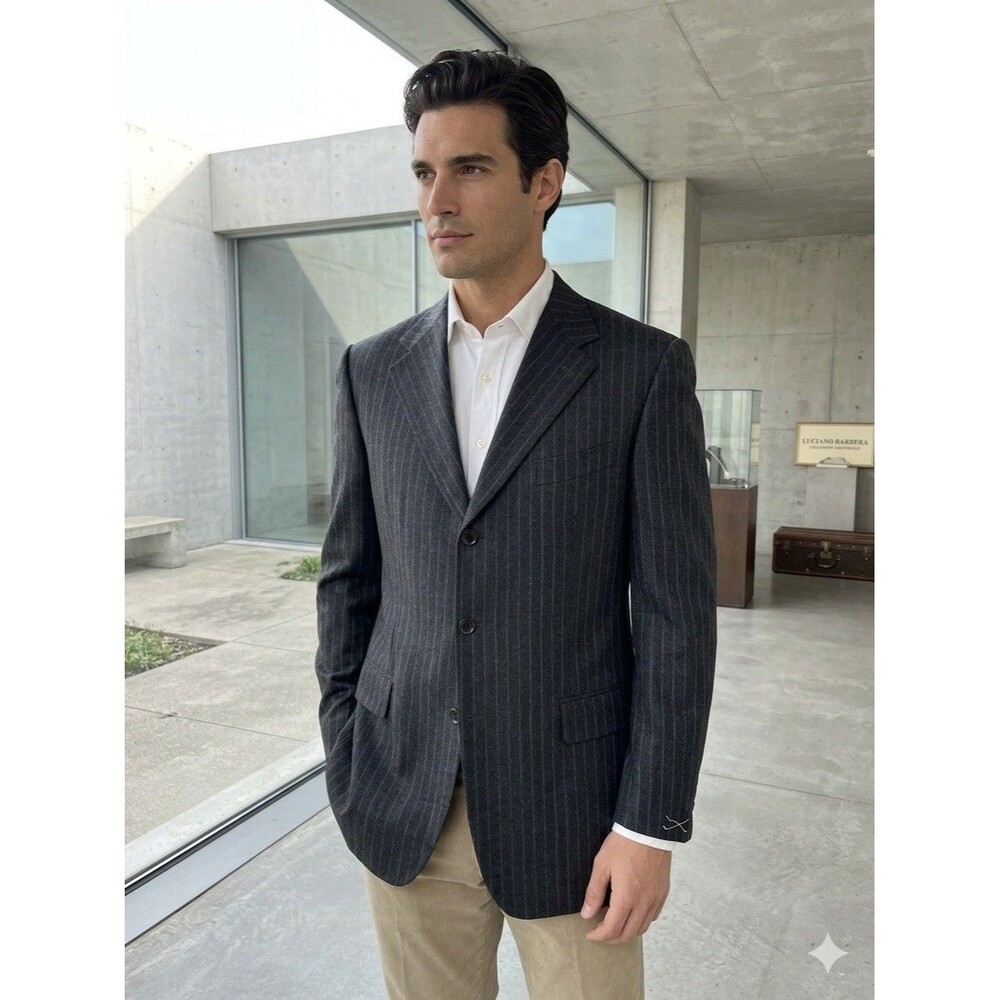 Luciano Barbera Carlo Barbera Cashmere Wool Pinstripe Suit Jacket Gray 46L NWT